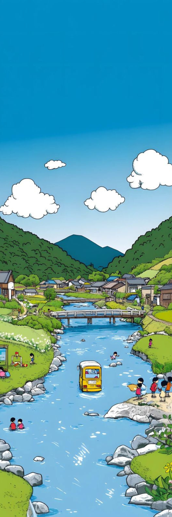 Cartoon Nature Landscape Wallpaper – Cute Village & River View