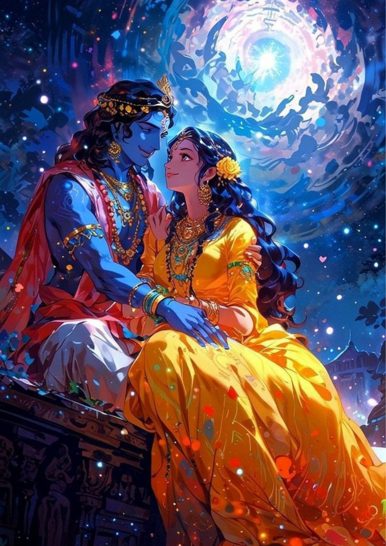 Radha Krishna Moonlight Poster – Romantic Spiritual Art Print
