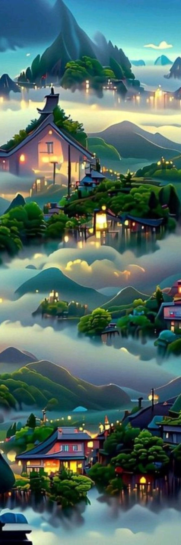 Misty Mountain Village Wallpaper – Fantasy Nature Art in 4K